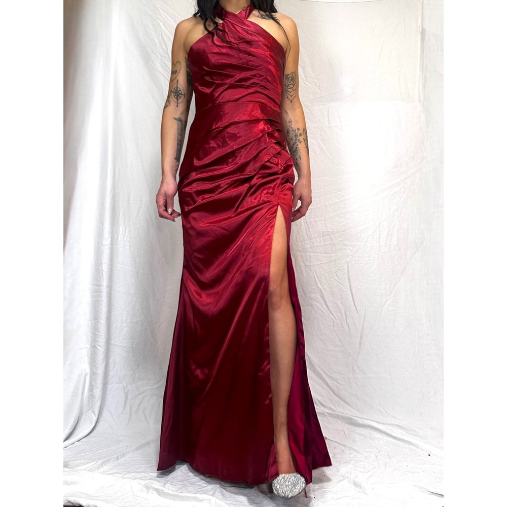 Burgundy Satin Halter Maxi Dress Ruched Corset Lace Up Thigh Slit Formal Gown